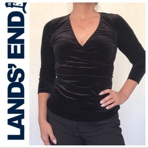 LANDS END BLACK VELVET SURPLICE WRAP TOP NWOT XS
